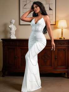 Mermaid Hem Rhinestone Strap Formal Evening Gown, White Elegant Ball Gown For Prom, Dinner, Wedding Guest, Graduation Party - White - View 3