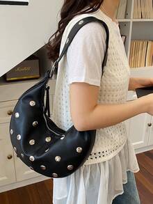 Rivet Crescent Underarm Bag, Adjustable Shoulder Strap Design, Shoulder & Crossbody Dual Use, Versatile Small Bag For Daily Commute And Dating - Black - View 7