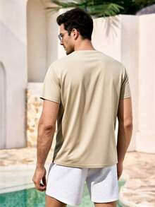 Mercer Haus Men's Street Style Round Neck Short Sleeve Basic Casual T-Shirt , Suitable For Summer Tropical Holiday Vacation In Hawaii. - Apricot - View 2