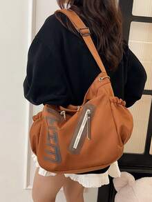 1個棕色夏季新款印花字母裝飾大容量尼龍托特包女款單肩斜背包 - 棕色 - 查看 6