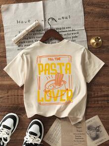 Lässiges Kurzarm-T-Shirt mit lustigem italienischem Pastamuster für Teenager-Mädchen - Aprikosenfarben - Übersicht 3