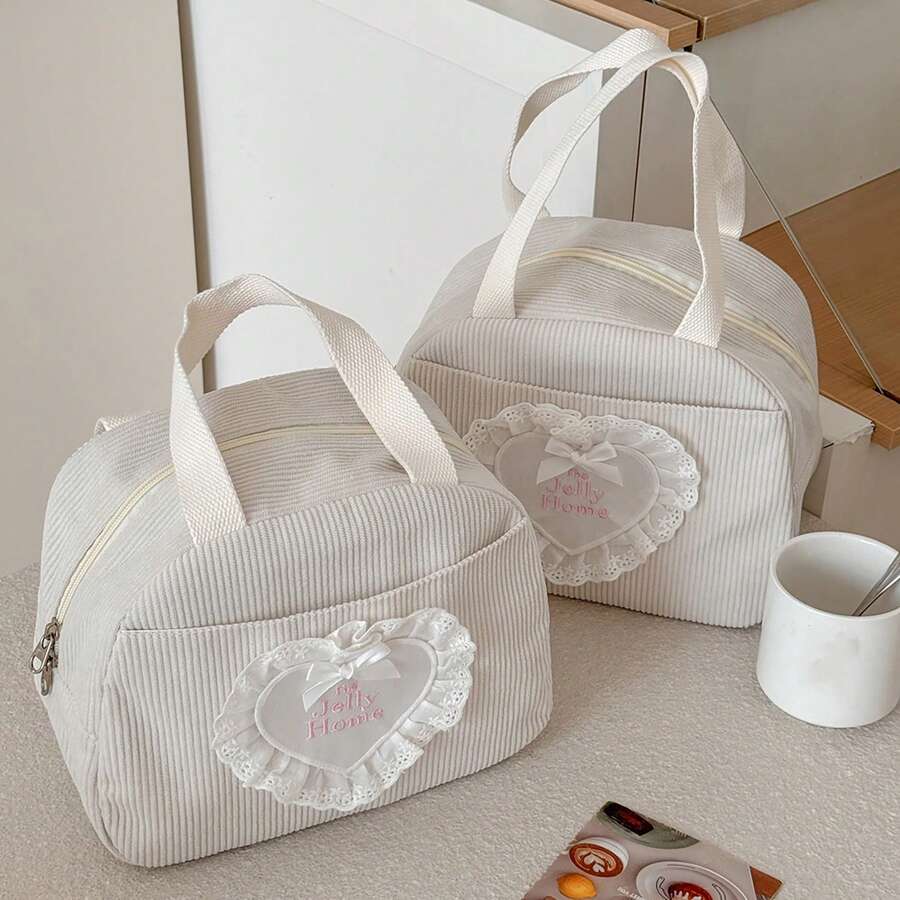 Lace Heart Striped Cream Corduroy Heart Lunch Bag With Lace Decoration, Handheld Large Capacity Insulated Lunch Box Storage Bag - White - View 1