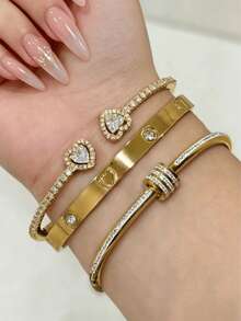 Set Gelang Rhinestone Stainless Steel Emas Gaya Mewah Ringan 1pc/3pcs, Gelang Zirkonia Kelas Atas, Perhiasan Serbaguna untuk Perjalanan Sehari-hari, Kencan, dan Pemberian Hadiah - Emas 3 - View 6