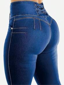 Pantalones vaqueros de mujer de talle alto, pierna ancha, con bolsillos, estilo casual y ligeramente elástico. - Azul lavado oscuro - Ver 2