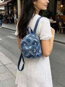 Mochila clásica versátil y sencilla de tela vaquera de moda para mujer, estilo callejero para viajes y multiusos - Negro - Ver 5