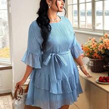 jianchaimaoyi02 FleurLily Vestido corto elegante y casual de oficina con cuello redondo, volantes en la cintura y cinturón, talla grande - Azul - Ver 5