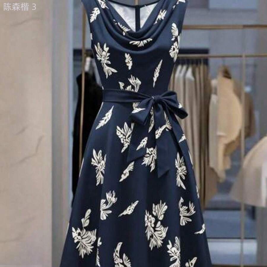 yonghongmaoyi1 LUNE CURVE Vestido largo elegante con estampado floral y cuello drapeado sin mangas para mujer talla grande, primavera/verano - Azul marino - Ver 1