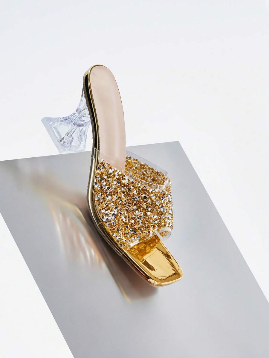 Rollcall Women's Summer New High Heel Slippers, Gold Rhinestone Glitter Decorated High Heels - Gold - View 1