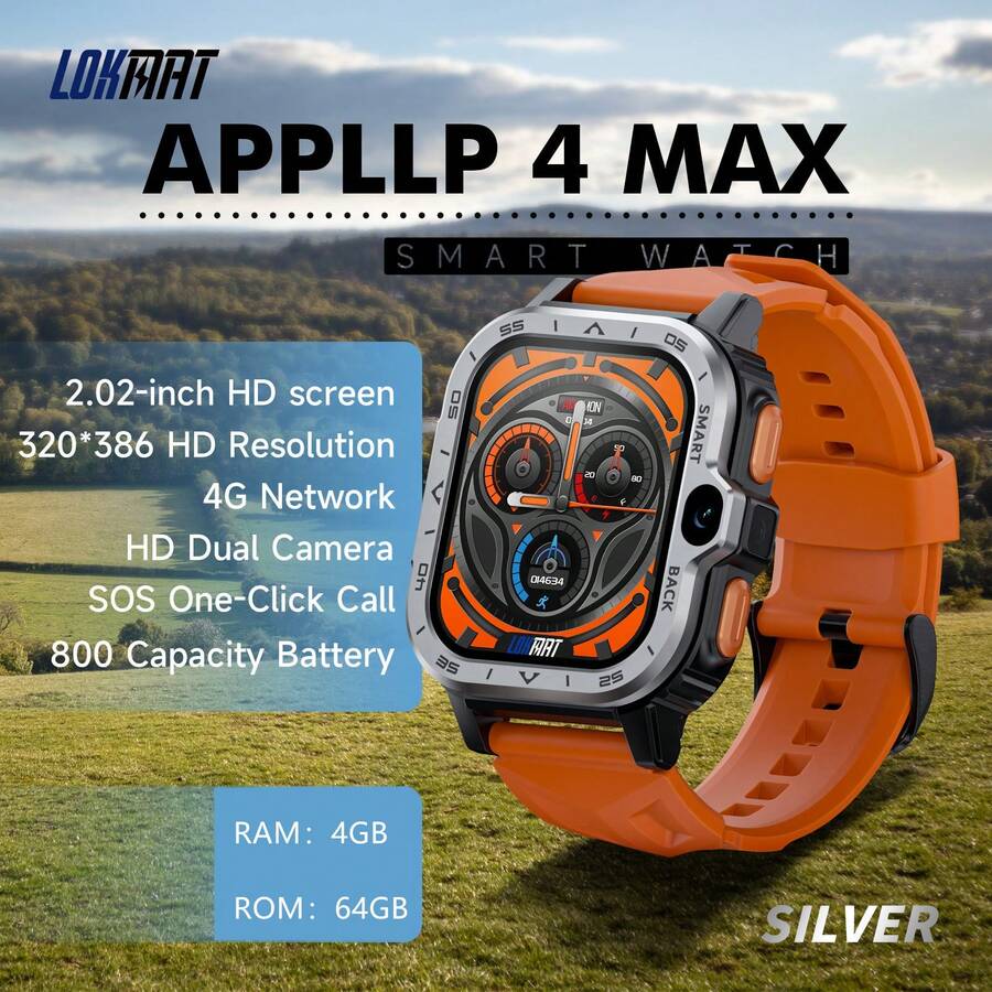 LOKMAT APPLLP 4 MAX 智能手表，配备 2.02 英寸高清显示屏、高清双摄像头，兼容安卓和 iOS 系统，支持 2G/3G/4G/5G SIM 卡，支持独立通话、移动数据、Wi-Fi、APP 通知、提醒、第三方应用下载，运行安卓系统。