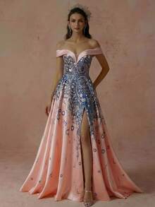 Off-Shoulder Long Elegant Sophisticated Tailored Applique & Print Pattern Strapless Evening Gown Wedding Party - Baby Pink - View 2