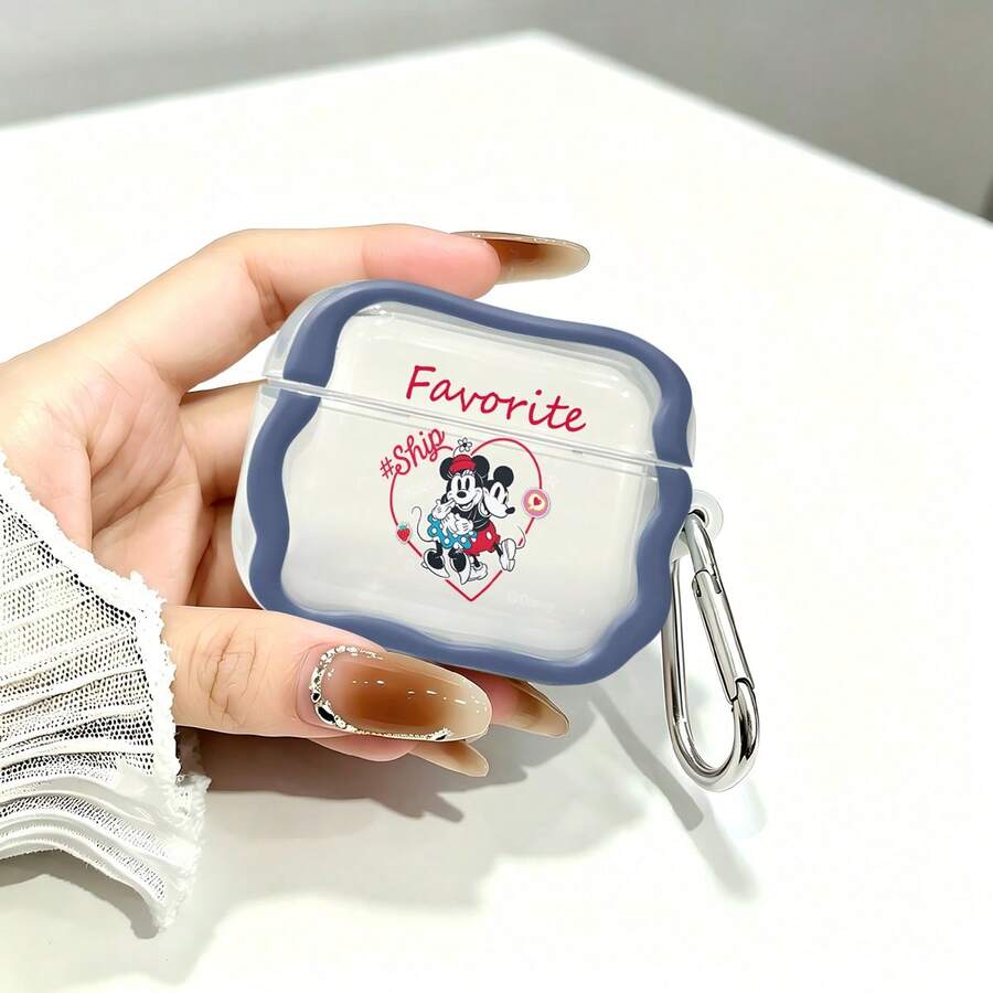 Disney Mickey & Minnie With Favorite & #Ship Text Print AirPods Case Cute Transparent Shockproof Shell With Keychain Compatible With AirPods 1/2/3/4 And Pro/Pro 2 Nd Generation Suitable For New AirPods Pro 3 Stocking Stuffers The Girlfriend. - Transparent - View 1