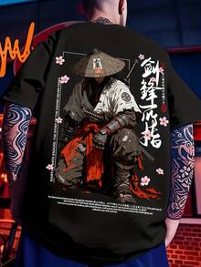 Incluso si dificultades, el camino señalado por la espada siempre suave. Camiseta deportiva casual de estilo americano para hombre con estampado de patrón de samurái al estilo de pint - Negro - Ver 3