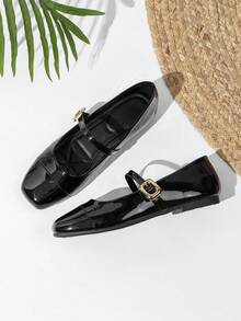 JiaYunNvXie Vintage Mary Jane Buckle Granny Shoes Plus Size Uniform Flat Shoes - Black - View 6