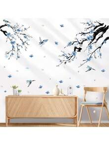 1 Pc Blue Plum Blossom And Bird Wall Decal, Watercolor Chinese Style Wall Sticker, Removable Self-Adhesive Vinyl Mural, Suitable For Living Room Bedroom Home Decor - Plum Blossoms and Birds - View 2