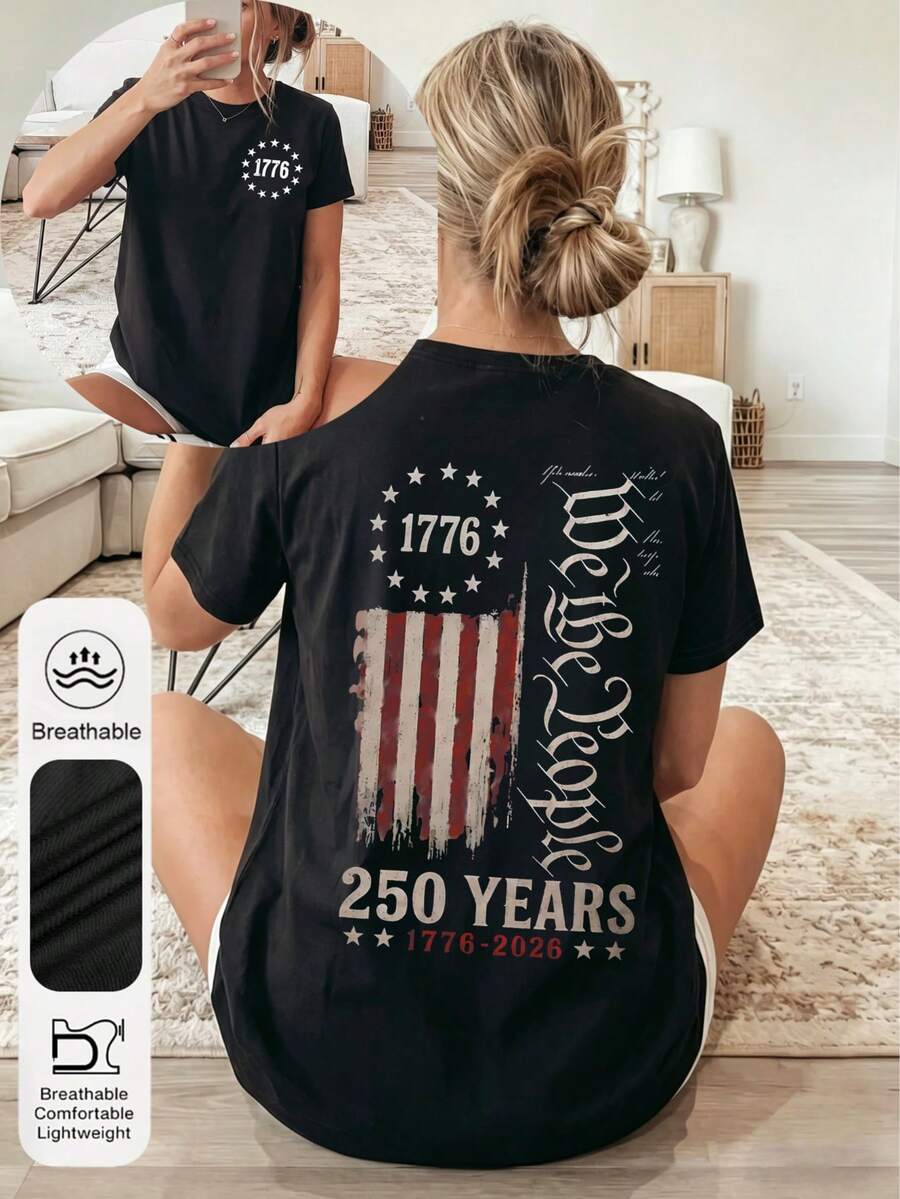 大尺碼女款夏季日常美國建國250週年圖案圓領短袖休閒黑色T恤 - 黑色 - 查看 1