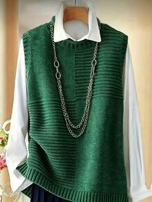 Plus Size Women Pullover Vest, Elegant European & American Style, Versatile Casual Solid Color Crew Neck Sleeveless Knit Sweater Vest Fall - Dark Green - View 1