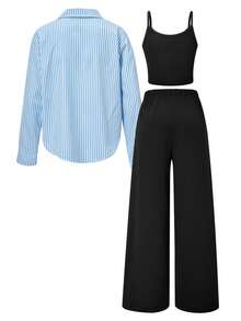 3pcs Fashionable Casual Long Sleeve Shirt, Tank Top And Sweatpants Set, Designed For Girls, Creating A Stylish And Comfortable Vacation Vibe, Suitable For Spring, Summer And Autumn Daily Wear - Blue - View 5