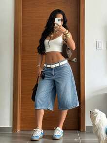 Loose Fit Women's Denim Bermuda Shorts, Light Wash, Versatile For Commuting - Baby Blue - View 1