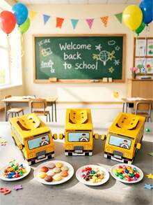 1 pieza/6 piezas/12 piezas Caja de regalo de dulces con tema de autobús escolar, caja de decoración de regalo para el nuevo semestre, adecuada para regalos de estudiantes, decoración del aula, fiesta de regreso a la escuela, decoración de dulces y galletas y otros regalos pequeños - Caja de embalaje con temática de autobús escolar - Ver 4