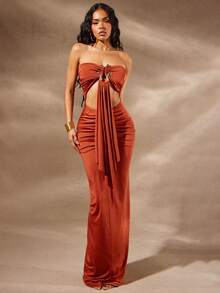 xheHauture Vestido de tubo plisado hueco de unicolor elegante de verano para mujeresxhe - Marrón - Ver 2
