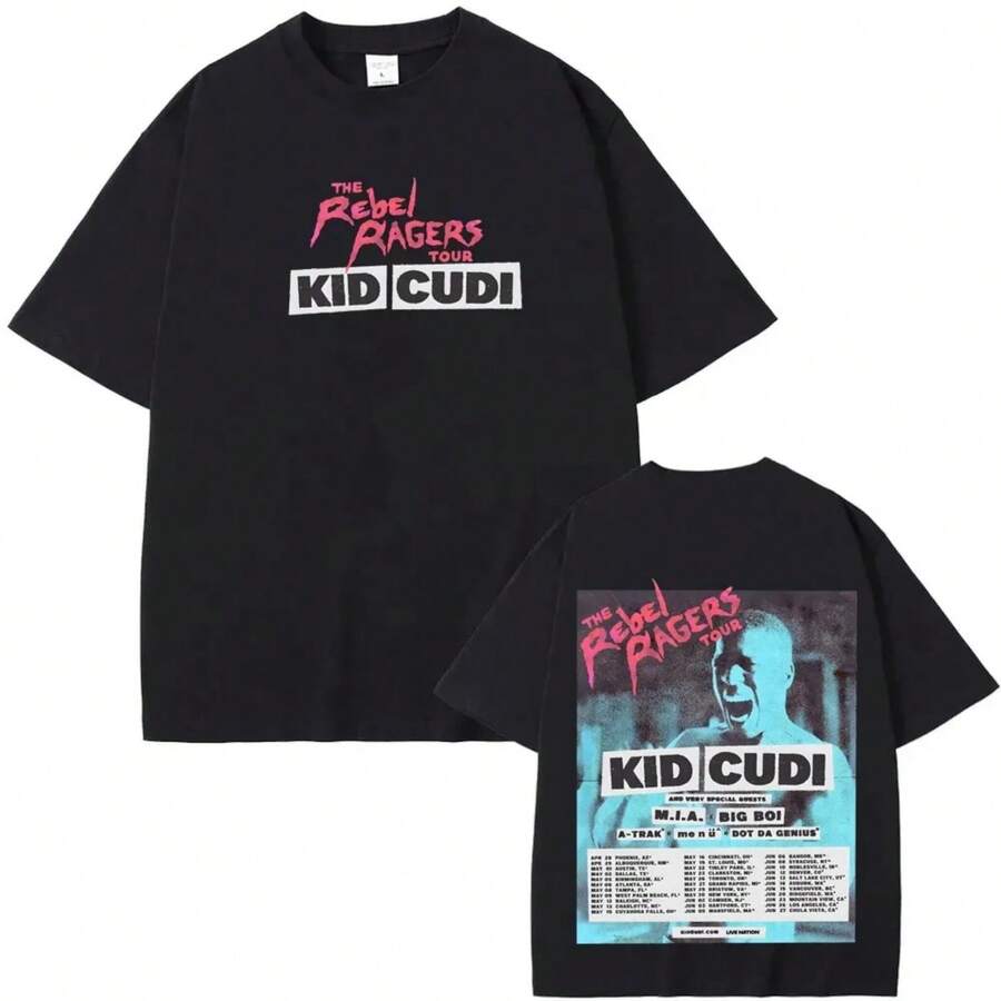 2026 Rebel Ragers Tour T-Shirt American Rapper Kid Cudi High Quality Long Sleeve T-Shirt Unisex Goth - Black - View 1