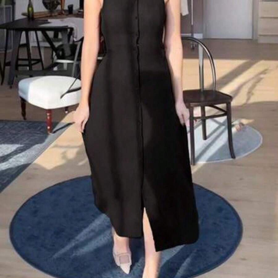 Vestido midi de verano de unicolor y sin mangas elegante para mujer - Negro1 - Ver 1