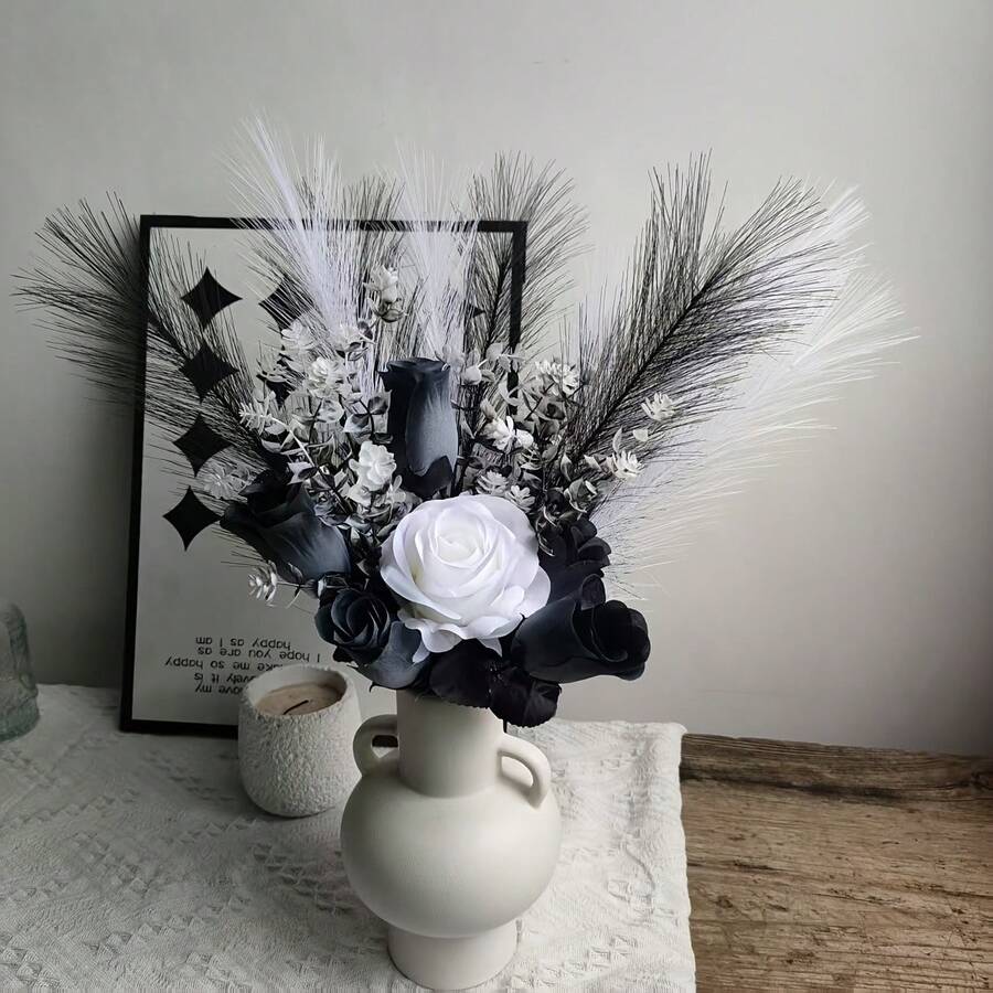 1Set Artificial Black And White Roses, Reeds, 13pcs, Real Touch Suitable For Home Kitchen Decoration, Festivals, Wedding Bouquet Office Decoration (Black And White Matching) - Multicolor - View 1