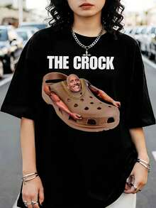 Humorous Graphic T-Shirt "The Crock" Featuring Dwayne JohnsonSS, Round Neck, Short Sleeves. - Black - View 1