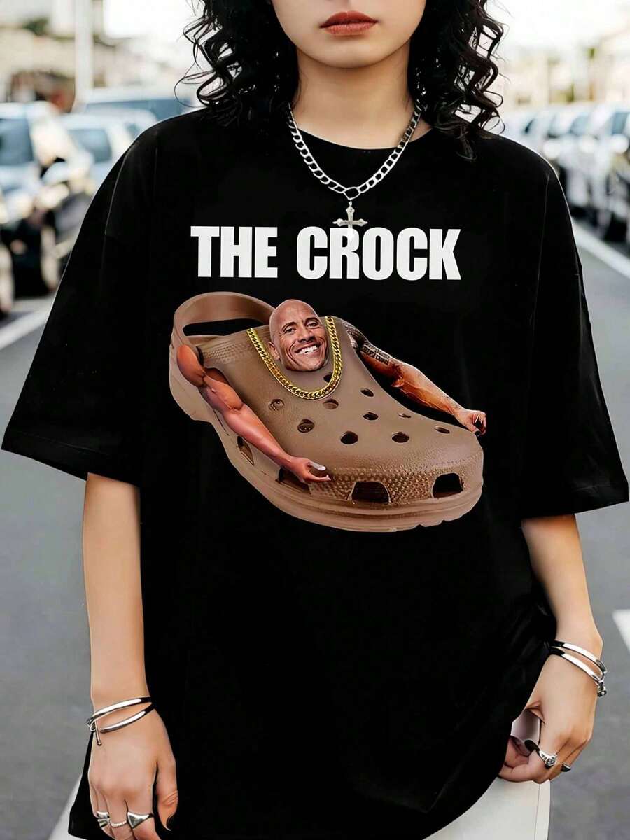 Humorous Graphic T-Shirt "The Crock" Featuring Dwayne JohnsonSS, Round Neck, Short Sleeves. - Black - View 1