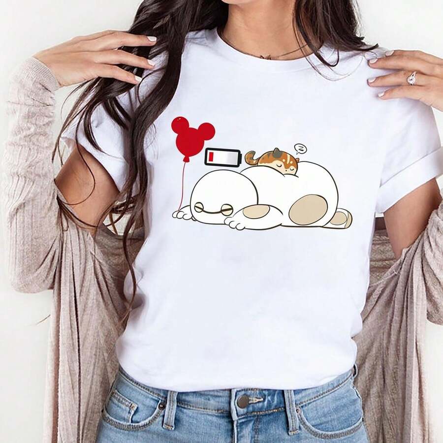 [T-Shirt] Baymax And Mochi T-Shirt, Big Hero 6 Balloon T-Shirts, Birthday Gift T-Shirt, WOD T-Shirt, Land Family TR1ip T-Shirt - 白色 - 查看 1