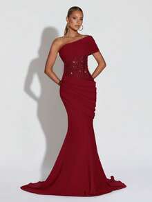Shiny Patchwork Elegant Party Ruffle Asymmetrical Shoulder Dress, Suitable For Evening Date, Formal Dinner - Red - View 1