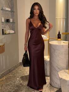 Elegant Sleeveless Deep V-Neck Long Bridesmaid Dress, Backless Zipper Design, Woven Fabric With Slight Stretch Wedding Spring - Brown Purple - View 1