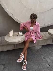 Conjunto mujer manga larga con volantes y pantalones cortos casual - rosa - Ver 4