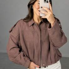Women's Bomber Jacket, Winter Coat, Long Sleeve Batwing Jacket In Suede Fabric - Màu nâu  Mocha - Xem 1