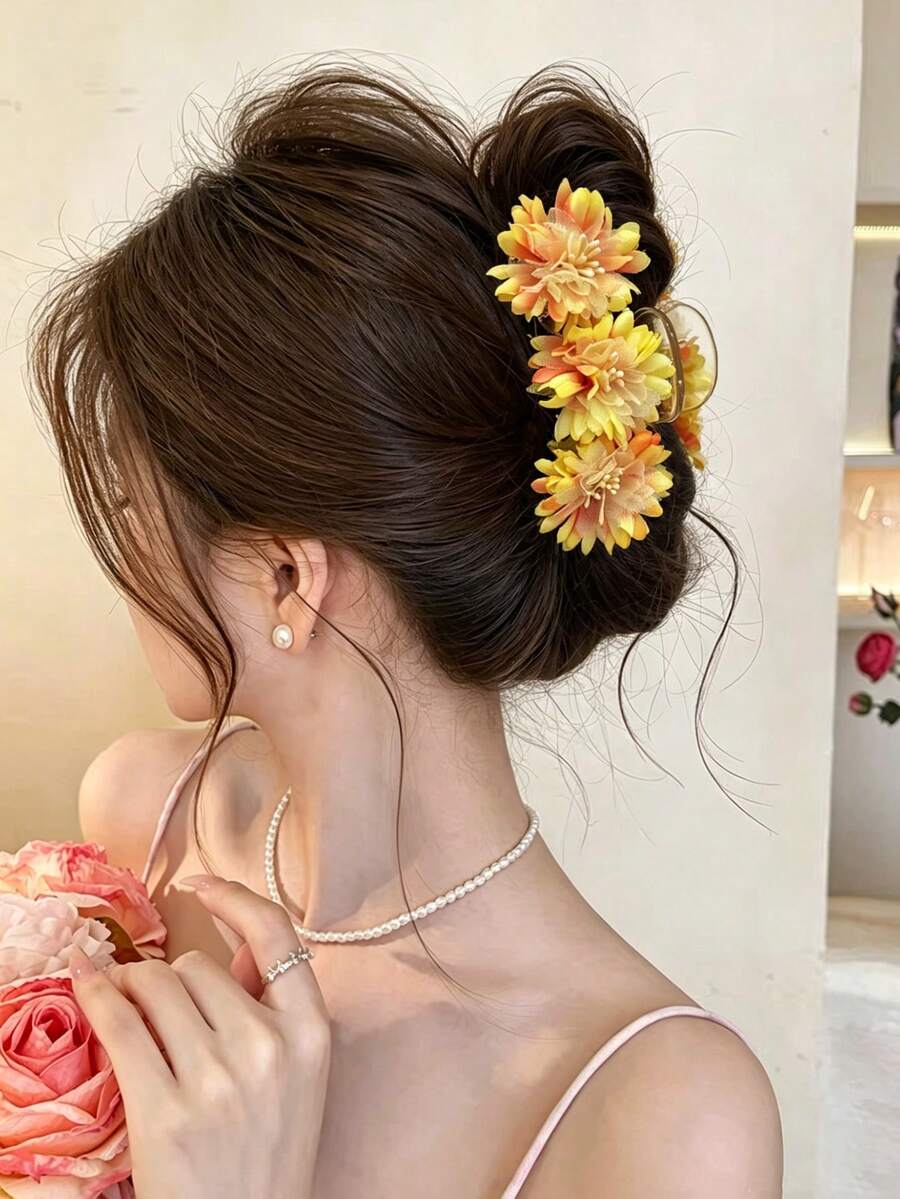 1件時尚波希米亞向日葵人造花髮夾,適合女性,適用於海灘度假裝飾,送給朋友的度假髮飾禮物 - 黃色 - 查看 1