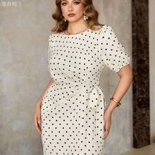 yonghongmaoyi1 Roveilla Vestido casual y elegante de talla grande con lunares franceses, volantes y cintura anudada, bajo con abertura, para fiesta de té de verano en color rosa con lunares - Café integral - Ver 6