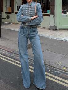 LEILEIBEI Áo khoác denim nữ kiểu Napoleon ôm dáng, phong cách thời trang đơn giản đa năng Âu Mỹ, casual, mới cho Xuân/Hè - Màu xanh nhạt - Xem 6