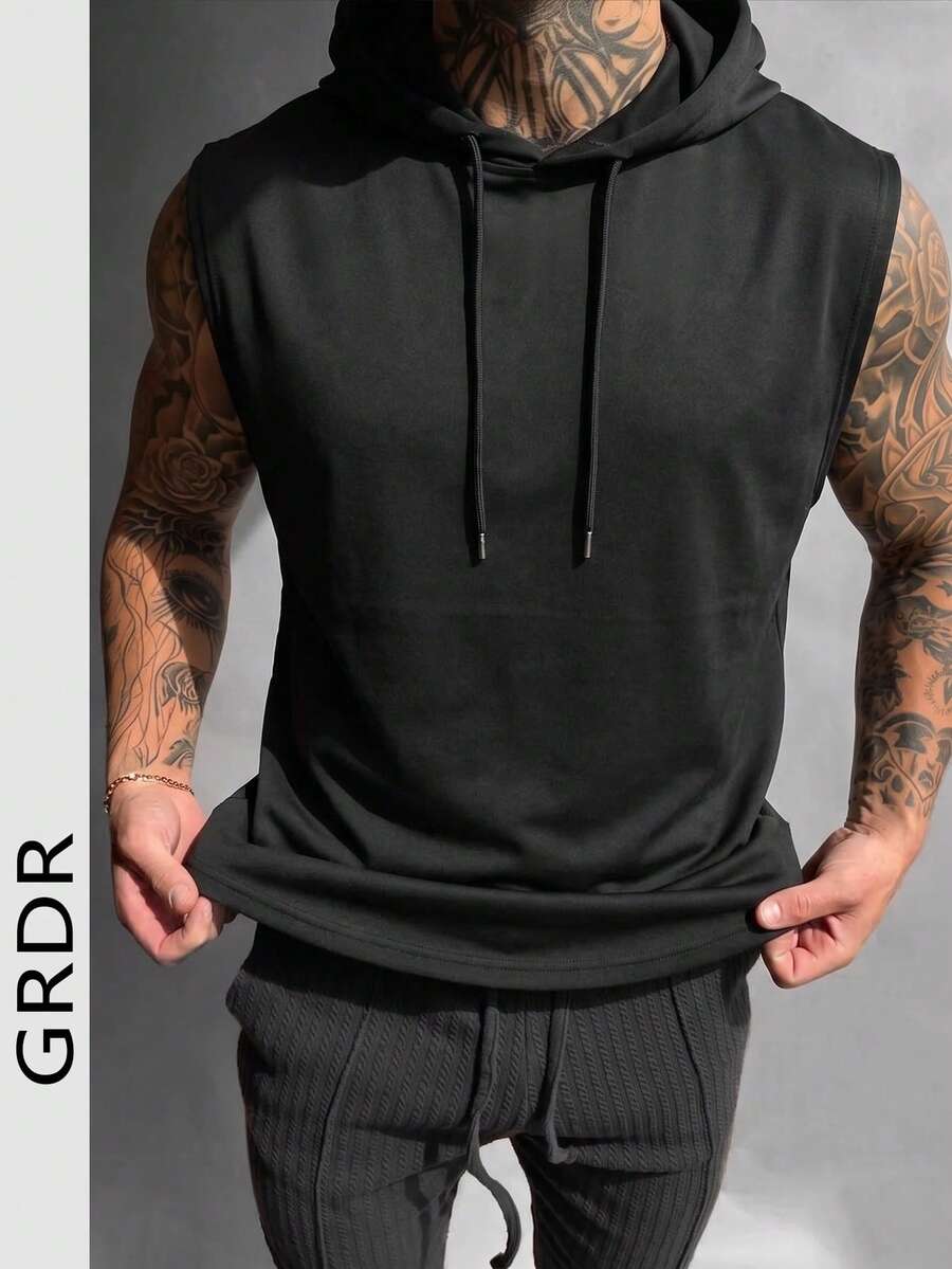 GRDR Men's Casual Solid Color Hooded Vest, Suitable For Outdoor Fitness & Running, Summer