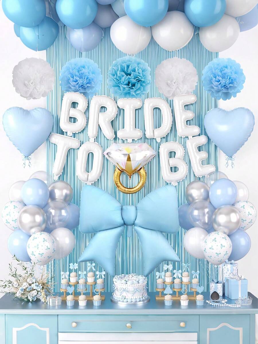 1 Set Blue Bachelorette Party Decoration, White Bride-To-Be Bridal Shower Decoration Bow Ring Heart-Shaped Balloons White Bow Print And Silver Sequin Balloons Tassel Curtain Paper Flower Balls Suitable For Bachelorette Party Wedding - Multicolor - View 1