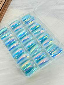 144片極光幻彩藍色穿戴式美甲貼片，中號方形全覆蓋亮面全息極光假指甲尖，亮面反光假指甲，適用於Y2K與美人魚美甲，適合夏季與節慶 - 彩色 - 查看 4