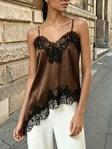 Nuevo top de satén sin mangas elegante con parches de encaje de color contrastante, top sexy de verano, top de fiesta, marrón casual - Café integral - Ver 5