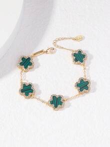 Single Five-Leaf Clover Multicolor Rhinestone Inlaid Fashionable Elegant Premium Women's Bracelet (No Packaging Box) - Green Stripes - View 5