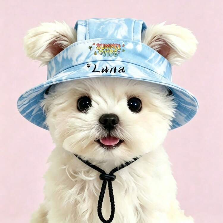 Customizable Pet Sun Hat With Name, Summer Open-Ear Sun Protection Hat For Dogs, Cute Sun Hat For Small Dogs And Cats, Available In 4 Colors, Pet Outdoor Photo Accessory - 藍色帽子 - 查看 12