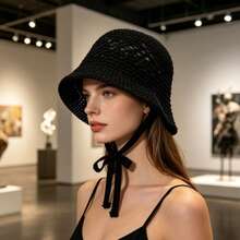 Women Crochet Bucket Hat Solid Color Cutout Breathable Knitted Beach Hat Sun Hat Spring Summer Bucket Caps - 黑色 - 查看 3