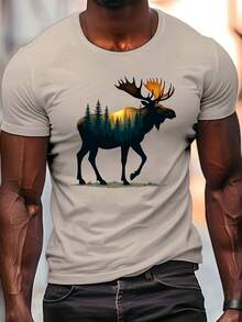 Camiseta de manga corta con cuello redondo para hombre, estampado de bosque con silueta de alce, estilo veraniego, talla. - Blanco - Ver 8