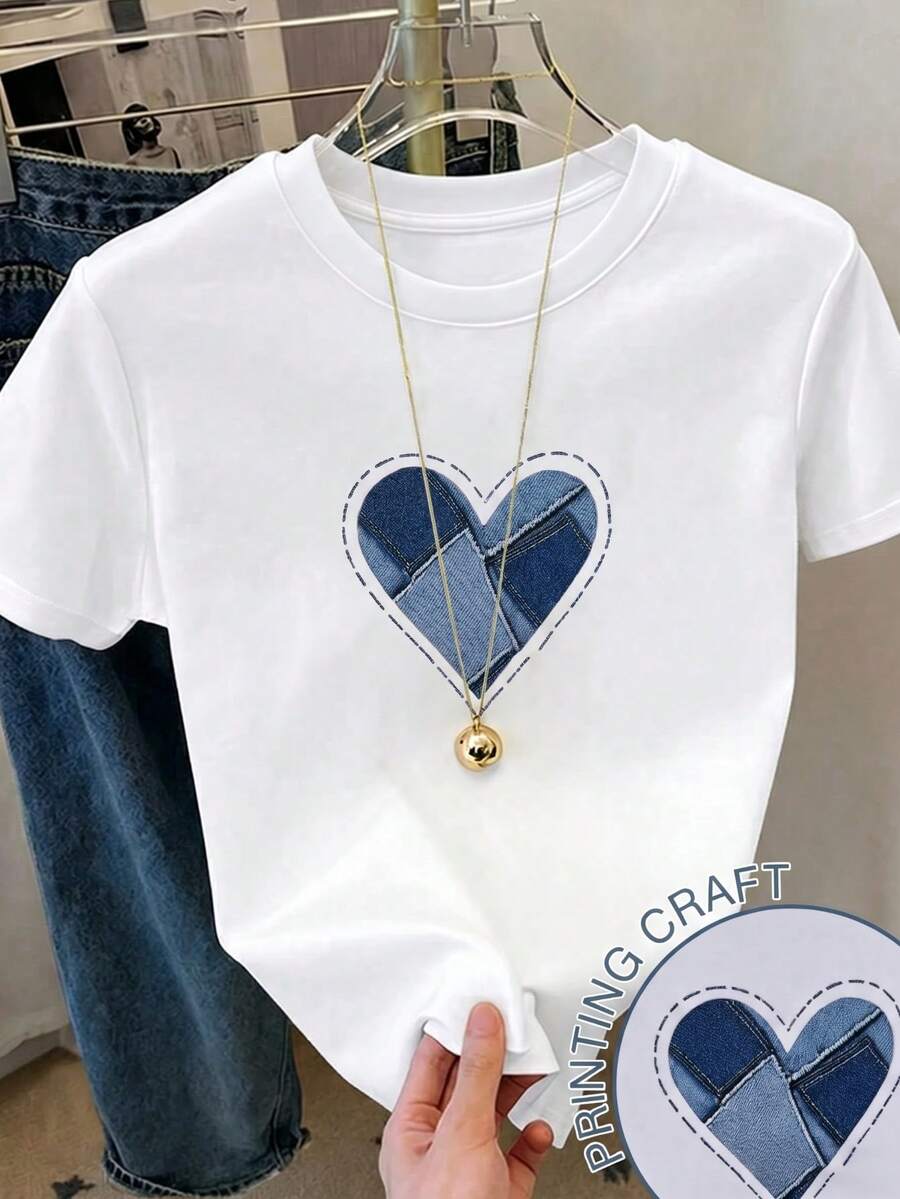 Women's Casual White Short Sleeve Round Neck T-Shirt With Denim Patchwork Heart Design, Regular Fit Polyester Top For Daily Wear - 淺藍色 - 查看 1