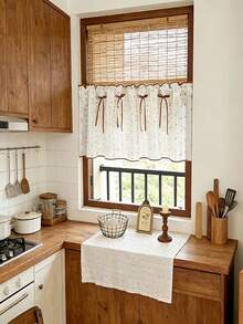 1PC New Beige Candy Bean Linen Edged Short Curtain, Kitchen Multi-Purpose Translucent Decorative Curtain With Rod Pocket Design, Small Window Curtain, Kitchen Cafe Curtain, Fresh Style Finished Rod Pocket Short Curtain - Beige - View 4