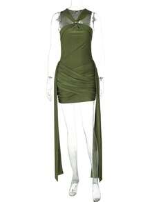 New Sleeveless Halter Dress With Pleats - 綠色 - 查看 4