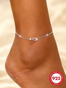 GLIMMER GI 1 pieza Tobillera de plata de ley S925 de baja alergia con diseño geométrico y circonita sintética, estilo europeo y americano, elegante, versátil para uso diario, nuevo diseño, adecuada para uso diario/vacaciones/citas/regalo de cumpleaños - Plateado - Ver 6