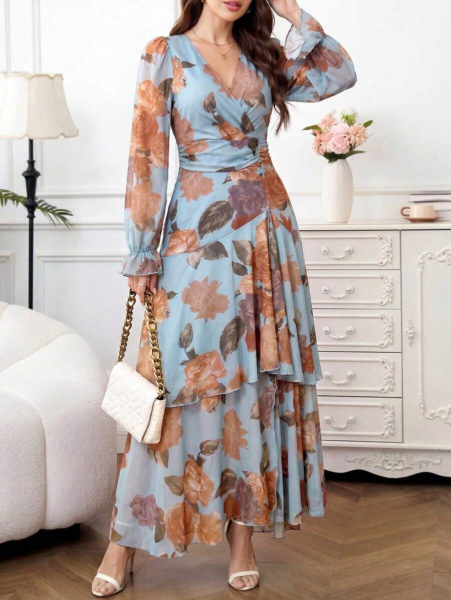 2026 Nuevo vestido largo de moda con estampado floral, volantes en el bajo, cintura ceñida y gran elasticidad, vestido de vacaciones, vestido plisado, vestido floral para mujer - Celeste - Ver 1